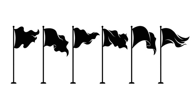 Six Black Flags on Poles Waving in the Wind Vector Illustration