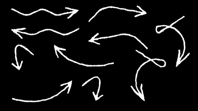 Scribble style hand drawn arrows animation with rough marker strokes, wiggly sketch arrows moving in loop, highlighter Arrows, chalk doodle Arrows animation in 4k.

