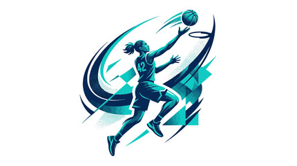 Fototapeta premium Dynamic Vector Illustration of a Female Athlete Playing Basketball Jumping Towards the Hoop