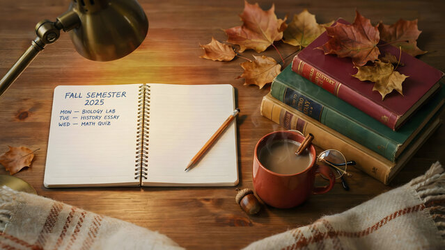 Open notebook with fall semester schedule next to stack of books and steaming mug of coffee full hd 4k stock image download