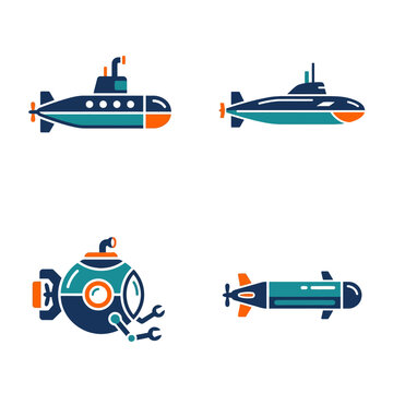 Set of four submarine and submersible icons in flat vector style.
