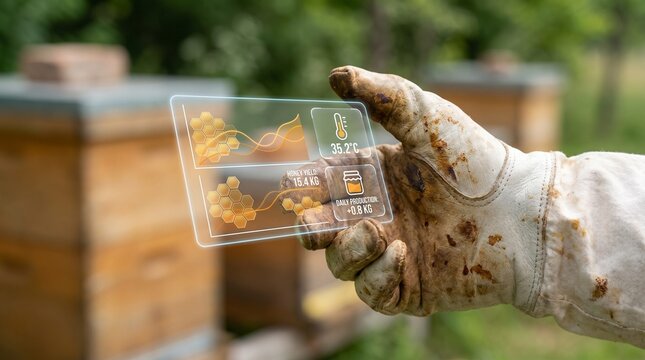 Beekeeper holding a futuristic holographic display showing hive data like temperature and honey production in an apiary editable vector