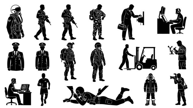 Military and Aviation Professionals Silhouette Vector Icons Set: Soldiers, Pilots, Officers  Technicians