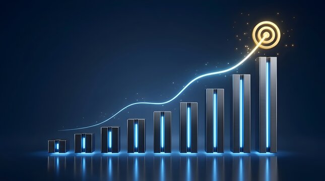 3D bar graph showcasing upward trend reaching a golden target, symbolizing business growth and success in a modern digital style.