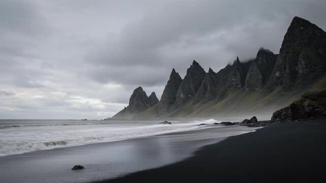 Dramatic landscape of black sand beach with gently lapping waves, moody sky, and fog covered mountains in background