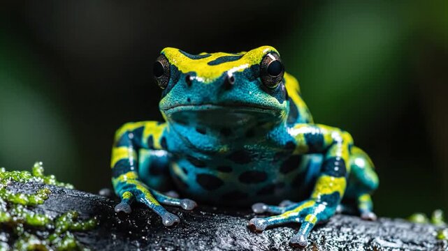 Vivid Yellow and Blue Poison Dart Frog Perched on Mossy Branch