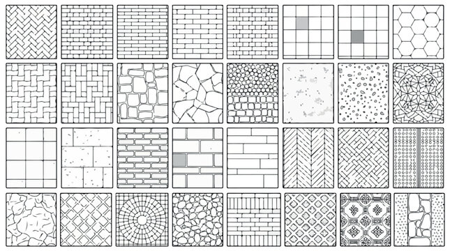 Paving pattern vector set, 32 architectural floor textures, stone brick and tile pavement swatches for landscape design and construction isolated PNG with Transparent Background