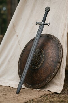 A meticulously crafted foam longsword leans against an antiqued leather shield on a tent canvas.