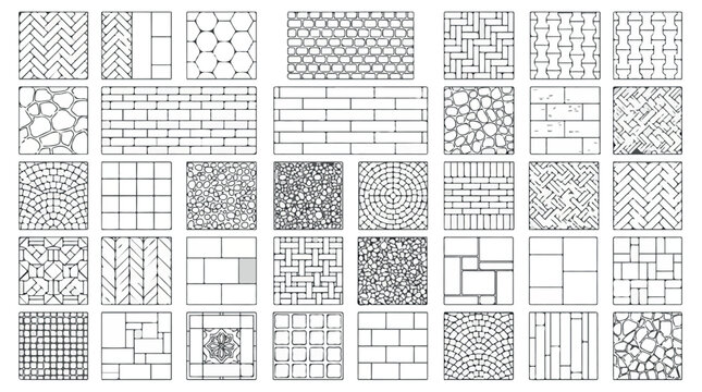 Paving pattern vector set, 35 architectural floor tile textures, geometric masonry line art for landscape design and construction blueprints isolated PNG with Transparent Background