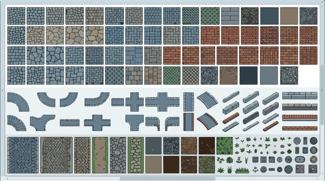 Pixel art pavement and road construction kit, retro game tile set with stone textures and street elements, 8-bit style urban environment vector isolated PNG with Transparent Background