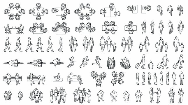 Architectural floor plan people silhouettes, top view and side view human figures for CAD drawings, technical line art person vector set isolated PNG with Transparent Background