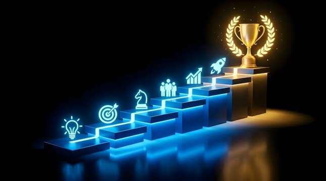 Golden trophy on winning podium with glowing steps symbolizing success, growth, and business strategy