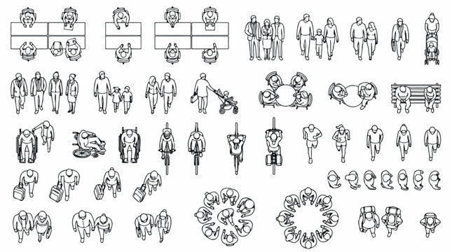 Architectural floor plan people vector set, top view human figures for CAD drawings, 2D outline silhouettes of people walking and sitting isolated PNG with Transparent Background