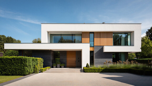 Contemporary minimalist luxury house facade with paving real estate minimalist exterior building