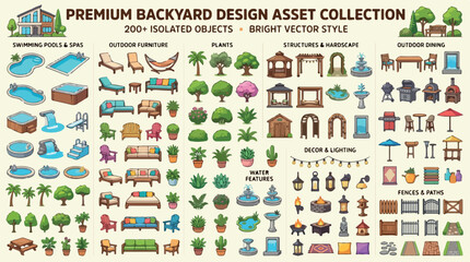 Fototapeta premium Premium backyard design asset collection, 200 plus bright vector icons for landscape planning, outdoor furniture and swimming pool garden elements isolated PNG with Transparent Background