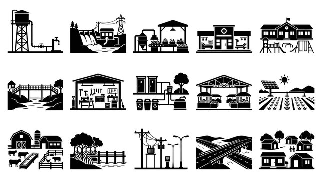 Community, Infrastructure  Public Utility Glyph Icons Set - Black  White Solid Illustrations
