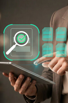 Document verification and version validation. Digital document version control and approval workflow. Businesswoman reviewing verified document on tablet.
