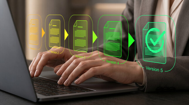 Document revision workflow. Sequential document version control with approved final revision. Businesswoman managing document lifecycle on laptop.