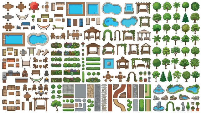 Isometric garden landscape elements, outdoor furniture and backyard design kit, swimming pools and patio architecture vector set isolated PNG with Transparent Background