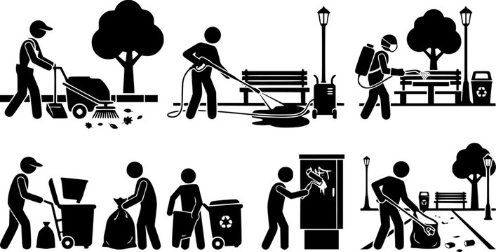 Black silhouettes of workers performing cleaning, sanitation, and waste management tasks for public space maintenance concepts
