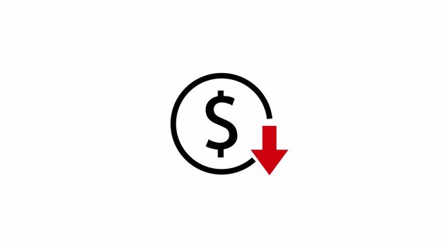 Dollar currency price drop concept , circle with down arrow moving animation on transparent background, Money reduction icon animation in 4K with Alpha Channel