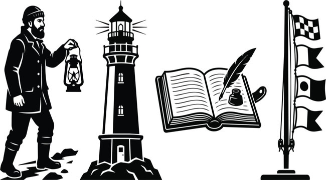 Nautical vector illustration set featuring a bearded sailor with lantern lighthouse open book with ink quill and maritime signal flags displayed on a white transparent background