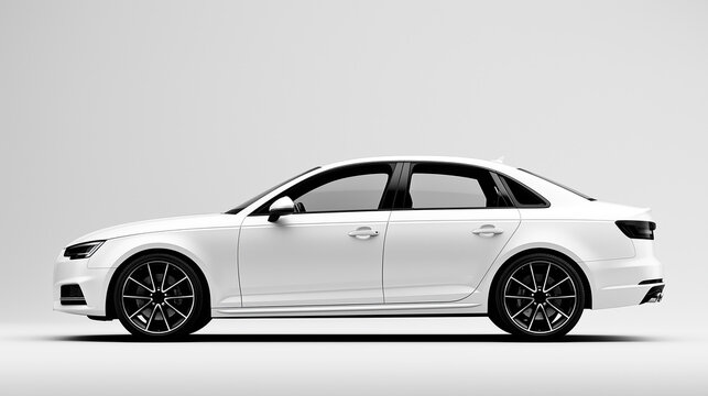 Side view mockup of a modern luxury white sedan car isolated on white background.