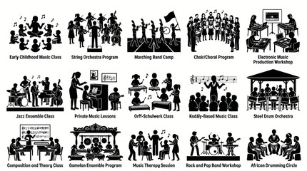 Obraz premium Musical Training Lessons and Workshops Black Silhouette Icons Collection
