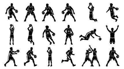 Fototapeta premium Basketball Players Silhouettes Vector Set. Black and White Sports Athletes with Ball in Dynamic Poses