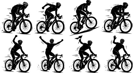 Obraz premium Dynamic black silhouettes of cyclist riding road bike in various racing and victory poses for sports design 