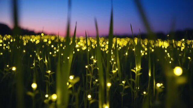 Thousands of magical fireflies illuminating a grassy field at twilight, creating a breathtaking bioluminescent spectacle