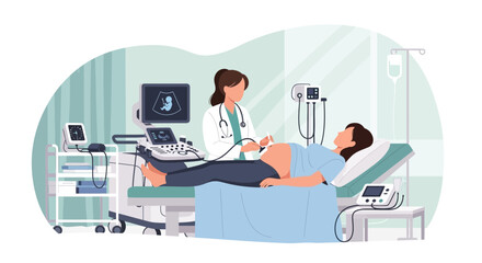 Fototapeta premium Doctor performs ultrasound on pregnant woman in a modern medical clinic.
