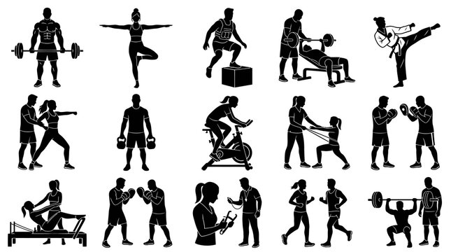 Diverse Fitness and Gym Workout Silhouettes Set - Black  White Glyph Icons of Exercising People