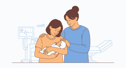 Fototapeta premium Mother and Partner Cherish Newborn Baby in Hospital, Medical Monitor Background