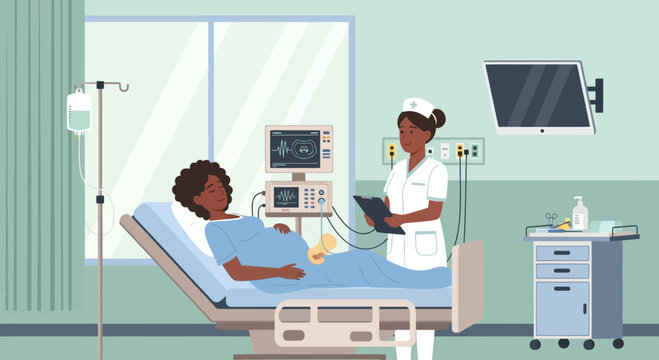 Nurse Attends Pregnant Patient in Hospital Room with Medical Equipment
