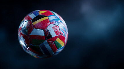 Obraz premium A soccer ball covered with multiple national flags, symbolizing an international football tournament in 2026, classic spherical design, realistic leather texture, detailed stitchin