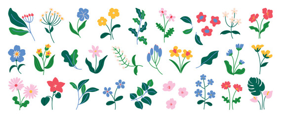 Fototapeta premium Spring flower vector elements set. Colorful flat floral clipart with wildflowers, leaves, blossoms and botanical stems for cards, invitations and nursery decoration.