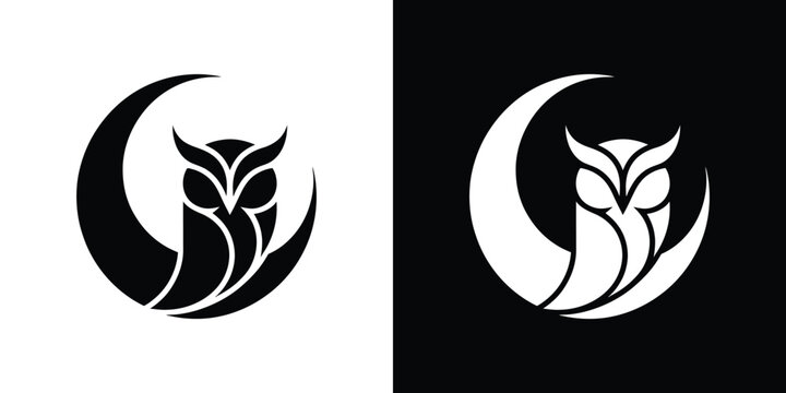 Black and white owl with crescent moon, reversible symbol
