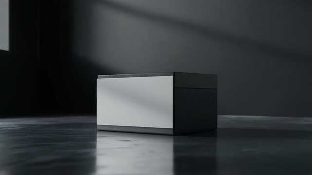 Luxury packaging box mockup on reflective surface, blank branding, dark elegant lighting, subtle reflections, premium cinematic style, ultra detailed 4K