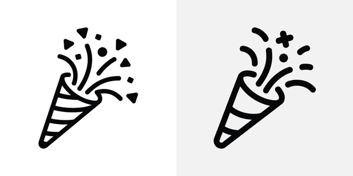Black and white party horn with confetti and streamers, two variations celebration