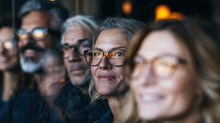 Fototapeta premium A diverse group of four middle-aged to older adults smiling and standing closely together in a dimly lit indoor setting, suggesting warmth and camaraderie.