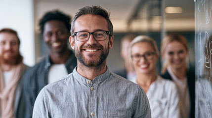 Obraz premium A diverse group of five smiling professionals standing in a modern office, with a confident man wearing glasses in the foreground.