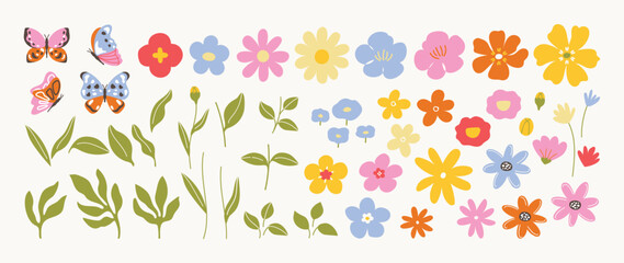 Obraz premium Spring flower vector elements set with butterflies. Colorful flat floral clipart with wildflowers, leaves and butterfly accents for cards, stickers and seasonal decoration.