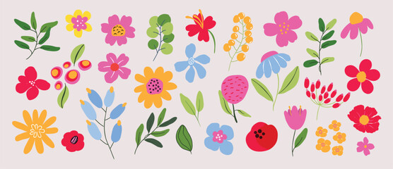 Obraz premium Spring flower vector elements set. Colorful flat floral clipart with wildflowers, leaves, blossoms and botanical stems for cards, invitations and nursery decoration.