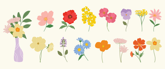 Obraz premium Spring flower vector elements set. Colorful flat floral clipart with wildflowers, leaves, blossoms and botanical stems for cards, invitations and nursery decoration.