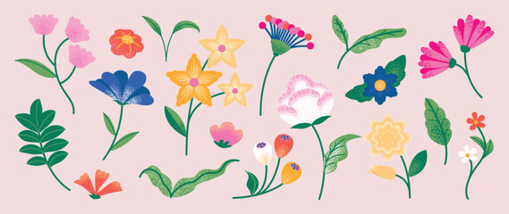 Obraz premium Collection of spring colorful flower elements vector. Set floral of wildflower, leaf branch, foliage on white background. Hand drawn blossom illustration for decor, easter, sticker, clipart, print.
