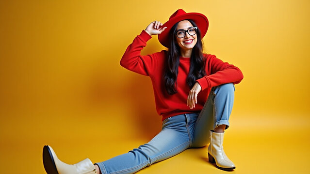 Glasses in trendy sweater iteration blue jeans and light cool boots raising her leg and