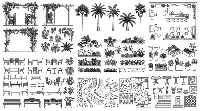 Architectural landscape layout elements and outdoor public dining area site plan CAD blocks
