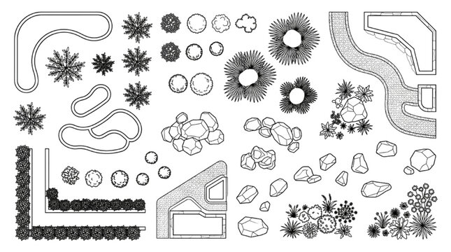 Landscape architecture master site plan topview symbols and park layout CAD blocks

