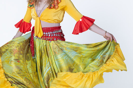 Gypsy Dancer in Vibrant Yellow Paisley Skirt and Top Set